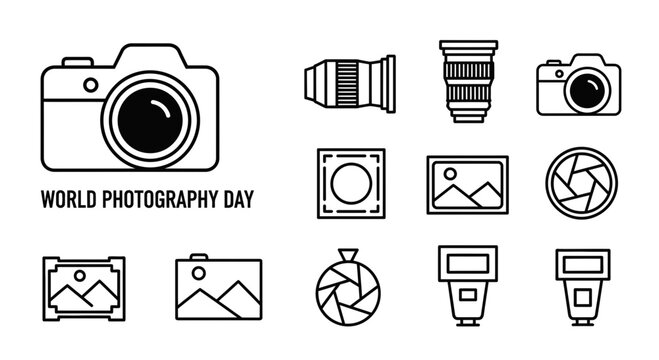 World Photography Day Icons: Camera, Lens, Flash, Aperture, Photo Frames