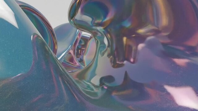 Abstract iridescent fluid shapes morphing and reflecting light in a dreamlike, surreal motion