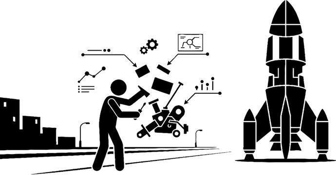 Engineer building a rocket with technical data and chart icons