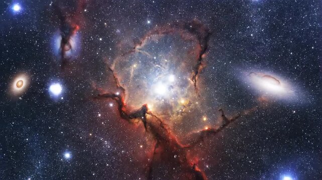 Vibrant nebula with a swirling galaxy and numerous stars in deep space