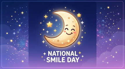 Naklejka premium Smiling crescent moon icon with stars and text for national smile day celebration