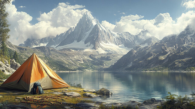 Scenic alpine campsite with orange tent and backpack near calm lake surrounded by towering snow capped mountains under partly cloudy sky, evoking peaceful adventure