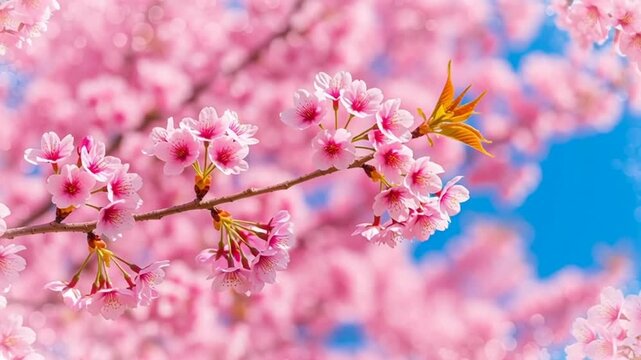 Pink Cherry Blossoms on Branch, Spring Nature