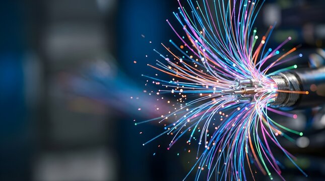 Fiber optic cables transmitting data with glowing colorful light pulses