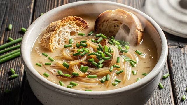 Steaming bowl of delicious french onion soup with bread, herbs, and caramelized onions on a rustic wooden table