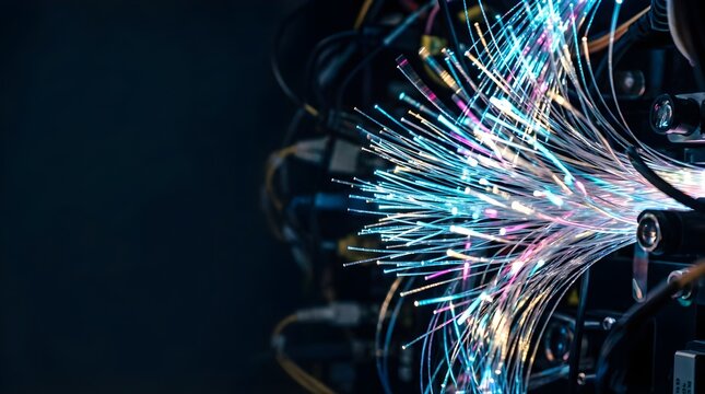 Glowing fiber optic cables transmitting data signals in a server room