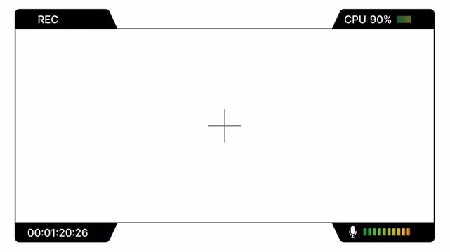 Futuristic camera HUD overlay with REC, CPU status, audio level, focus marker for streaming. Cinematic rec display Sci fi HUD for media. Modern viewfinder overlay technology style for filmmaking. 4K