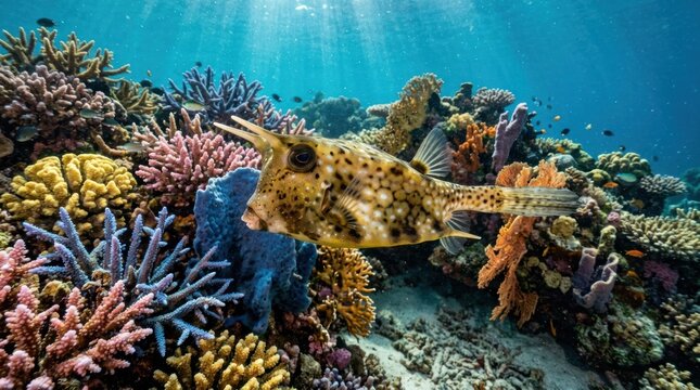 A colorful coral reef with a filefish swimming through it.