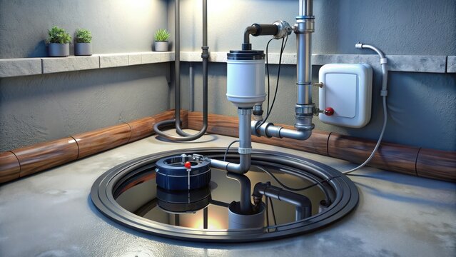 Sump pump system with black plastic basin water pipes and electrical cord maintenance