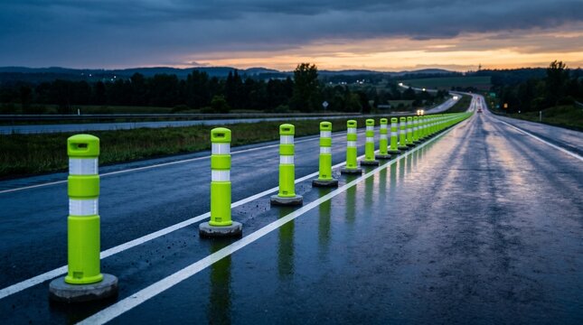 Fluorescent green and white traffic delineator posts stand in a line along a wet highway at dusk.