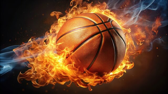 Basketball burning on fire in orange flames on dark background