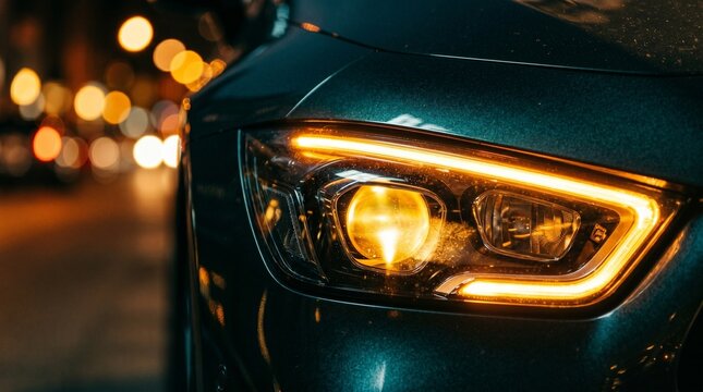 The glowing orange daytime running lights of a modern car illuminate a blurred urban background.