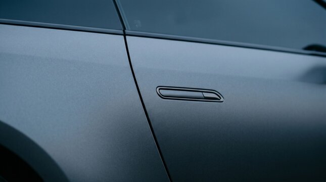 A minimalist, flush door handle is subtly integrated into the matte grey finish of a car door.