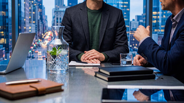 Professional business partners in deep discussion during a corporate meeting in a modern office with city view at dusk.