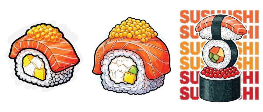 Set of delicious sushi rolls with salmon, avocado, and fish roe
