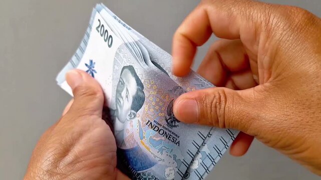 Counting 2000 rupiah as a means of payment in Indonesian. Concept of economy, debts, purchases, trade and payment.