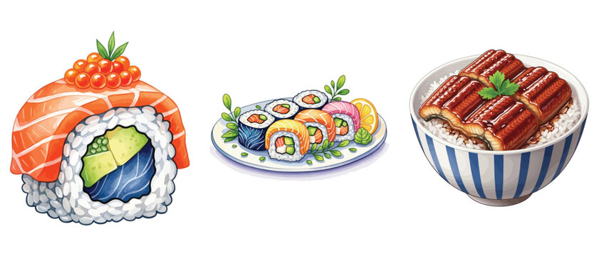 Set of delicious japanese sushi rolls and unagi don bowl isolated on white background