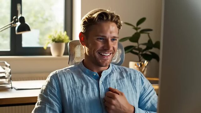 Excited Man Reacts to Computer Screen, Celebrating Success and Achievement.