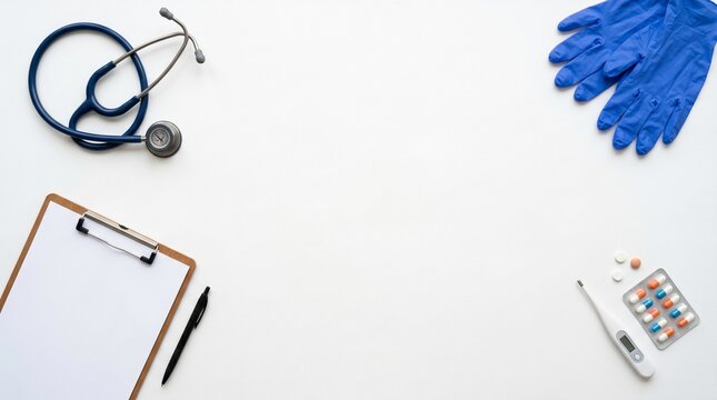 Medical flat lay with stethoscope, clipboard, gloves, thermometer, pills and large blank copy space on clean white background