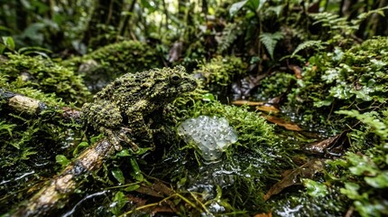 Fototapeta premium A toad in a lush, green forest with moss and ferns.