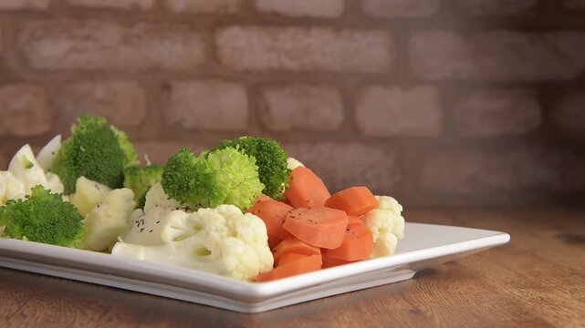 Platon blanco con vegetales cocidos, sobre una mesa de madera y pared rustica de ladrillos