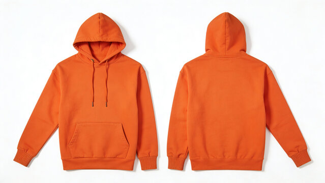 An image shows two orange hoodies with one facing forward and the other backward