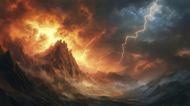 Dramatic mountain landscape with jagged peaks under fiery orange sky and intense lightning storm, creating powerful and moody atmosphere filled with dark clouds and mist