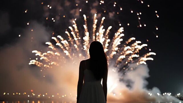 Woman in white dress watches colorful fireworks explode in night sky