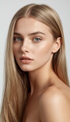 Naklejka premium A close-up portrait of a young woman with flawless skin, long blonde hair, and blue eyes, looking directly at the camera against a plain background.