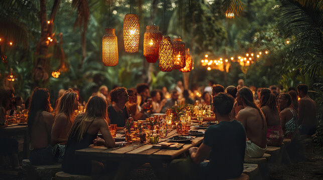Outdoor dinner party with friends enjoying warm ambient lighting from hanging lanterns in tropical garden setting, creating cozy and festive atmosphere at dusk