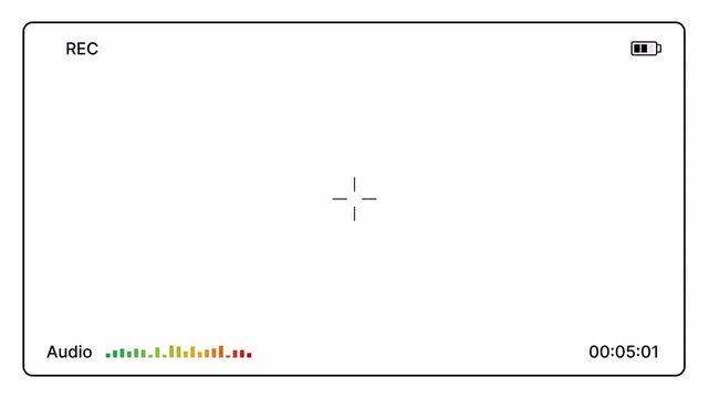Minimal camera recording overlay with REC, battery, audio levels, timer, focus for editing. Camcorder recorder screen overlay modern HUD style for filmmaking. Cinematic viewfinder recording display