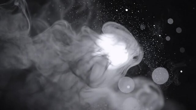 Abstract grayscale slow motion footage of smoke swirling with bokeh lights and particles illuminating the darkness.