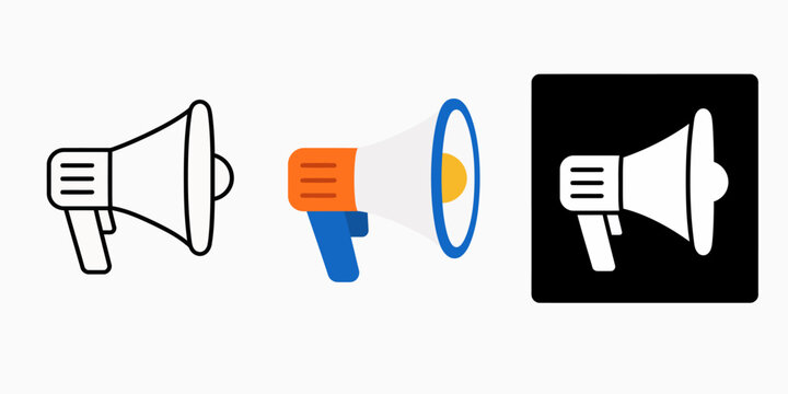 Three megaphones are shown in different styles and colors on a plain background