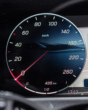 Close Up Car Speedometer Dashboard in Motion.