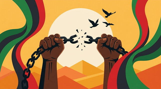 Juneteenth Freedom Day Symbolic illustration of hands breaking chains against a backdrop of desert hills and rising sun with birds flying symbolizing freedom and liberation