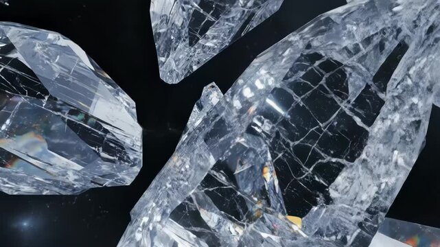  Floating crystal shards rotating slowly in dark futuristic environment, realistic reflections and refractions