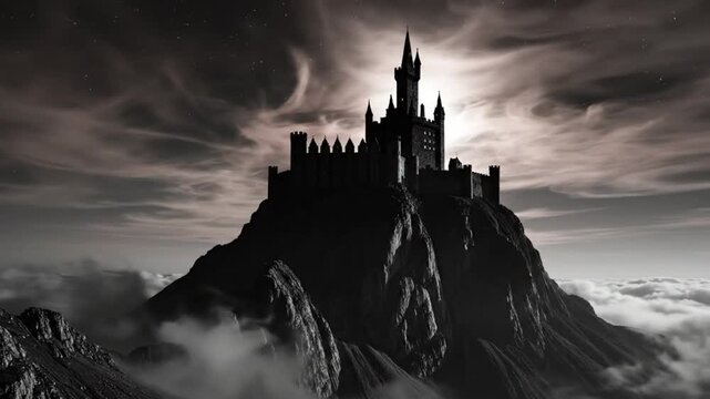 Epic dark gothic castle on a mountain peak at night with starry sky and billowing clouds