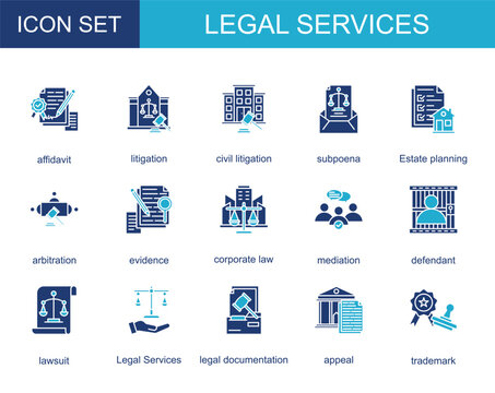 legal services icon collection set. with affidavit,litigation,civil litigation,subpoena,Estate planning,arbitration,evidence