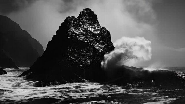 Dramatic black and white ocean waves crashing against rugged rocky formations under a stormy sky