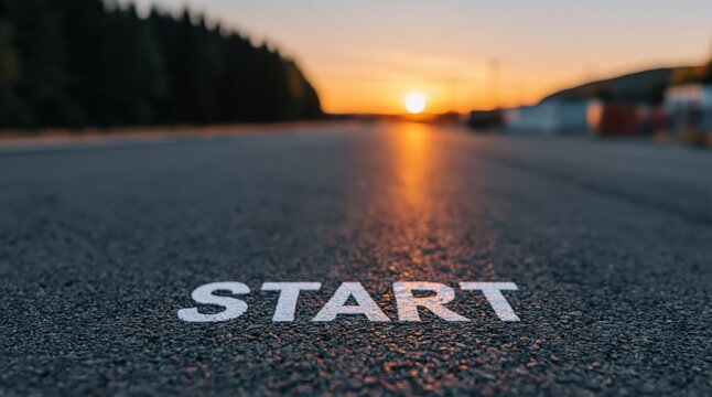 Start of a new beginning painted on asphalt road at sunset golden hour path