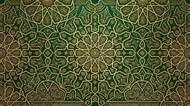 Luxury Islamic geometric pattern background with intricate gold ornamental details on dark green texture, inspired by traditional Arabic and Middle Eastern art design.