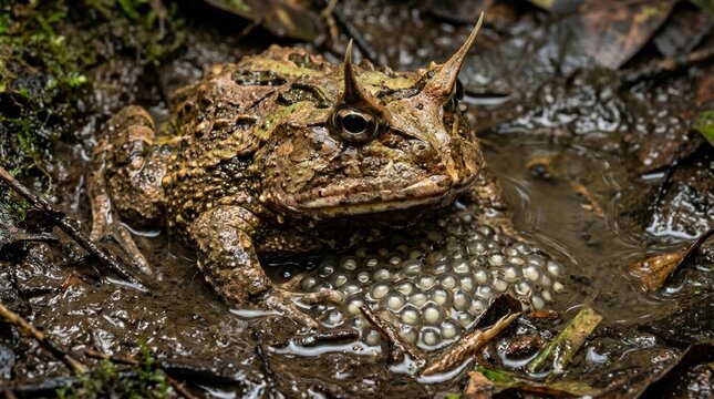 A frog with a large head and horns, sitting in a muddy water puddle with frogspawn.