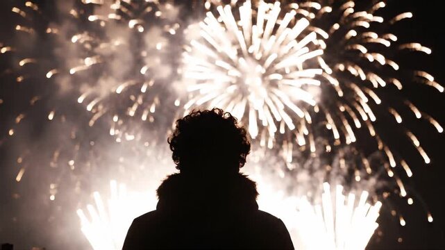 Silhouette of person with curly hair watching a bright firework display