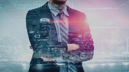 A confident business professional stands against a backdrop of a city skyline and digital code, representing the intersection of technology and modern business. Xenic © InfiniteFlow
