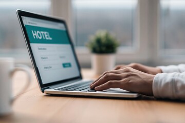 Fototapeta premium Booking hotel room online on laptop for travel reservation on wooden desk