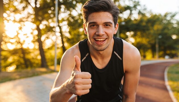 Happy sweaty runner giving a thumbs up on track