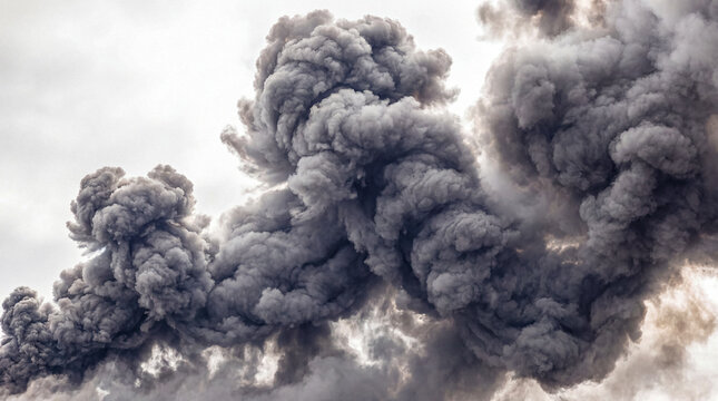 Massive dark gray smoke plume billowing intensely upwards into a cloudy sky, depicting a large scale fire.