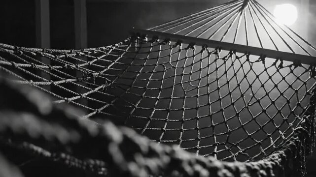Black and white close up of an empty hammock, with gentle smoke and soft lighting creating a moody, relaxing atmosphere
