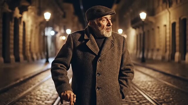 Elderly man walking down a cobblestone street at night, looking thoughtful.