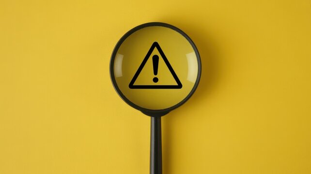 Magnifying glass showing an exclamation mark warning symbol on a vibrant yellow background